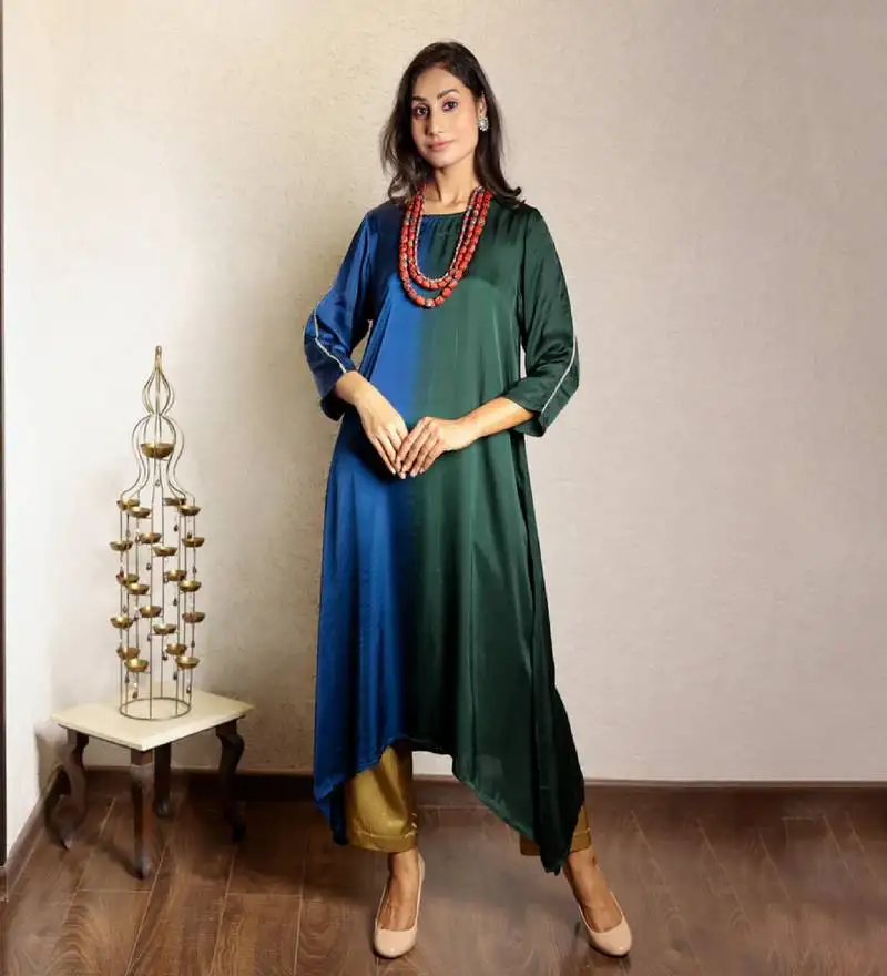 Dark green ombre modal asymmetric kurta
