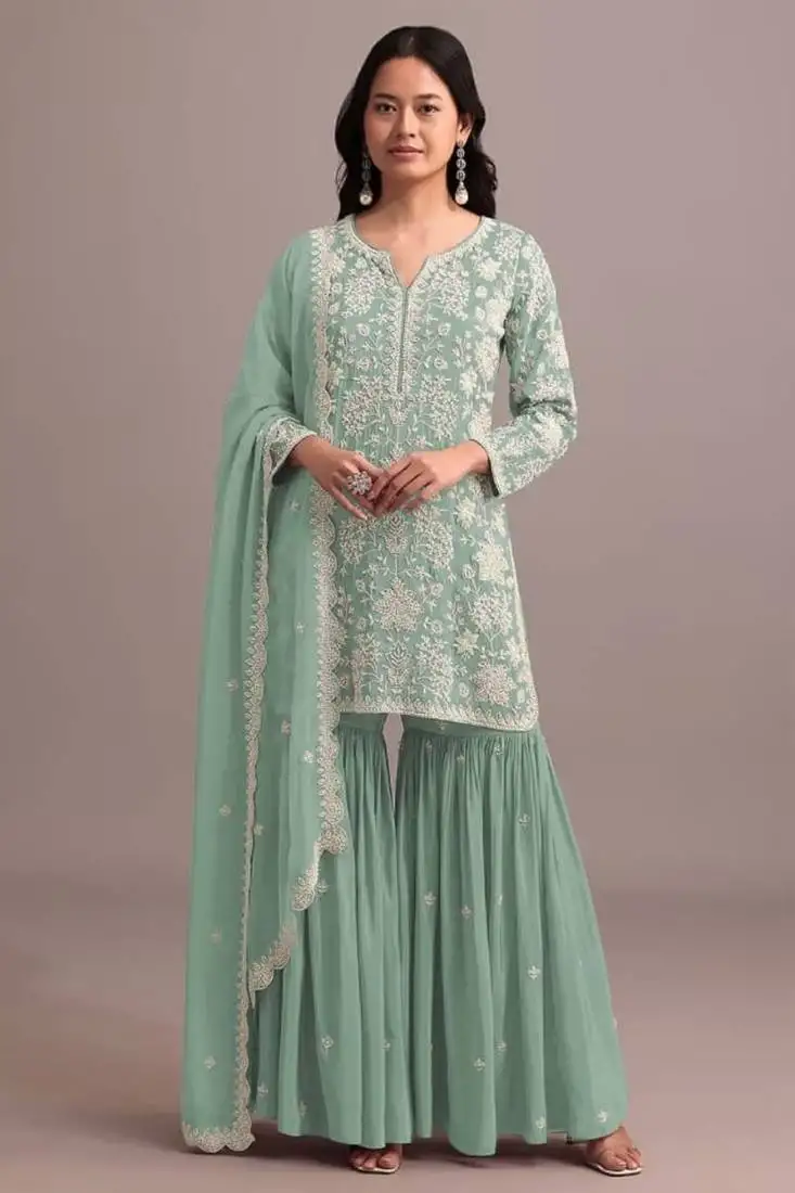Pastel green georgette semi stitched gharara suits