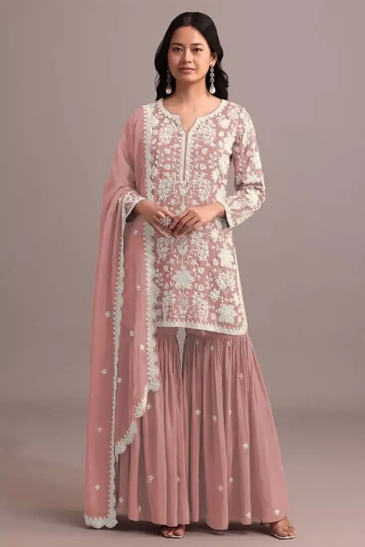 Pink georgette semi stitched gharara suits