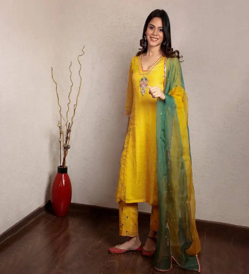 Yellow tissue chanderi hand embroidered v-neck kurta set with dupatta