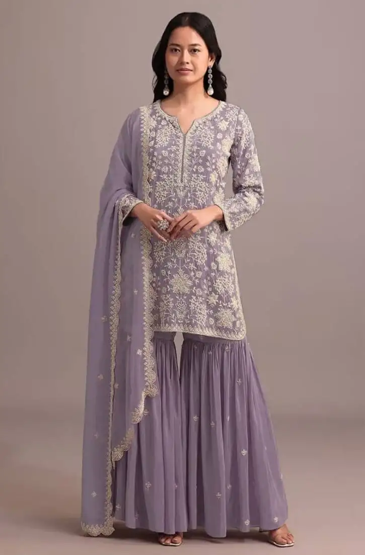 Purple georgette semi stitched gharara suits