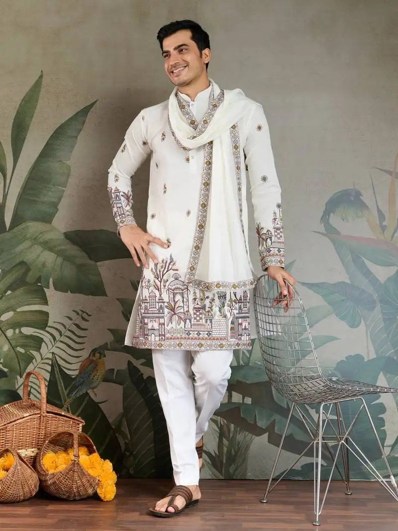 White viscose silk threads & sequance embroidered work kurta with dupatta