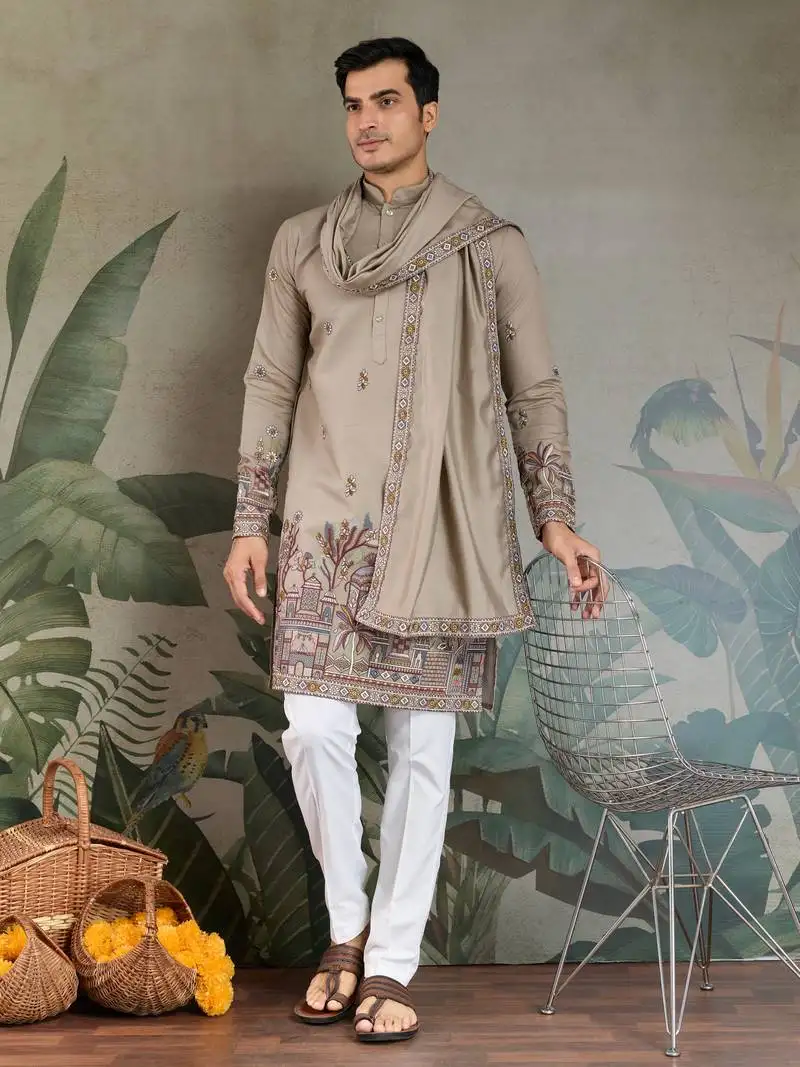 Ivory viscose silk threads & sequance embroidered work kurta with dupatta
