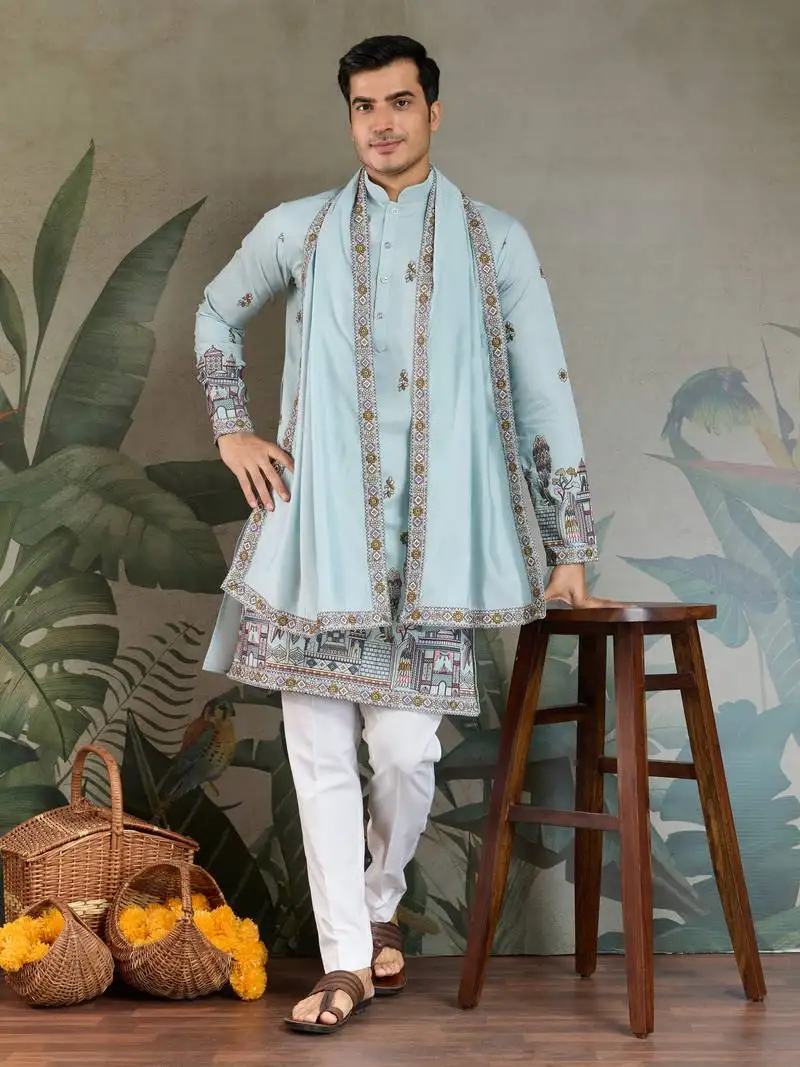 Sky blue viscose silk threads & sequance embroidered work kurta with dupatta