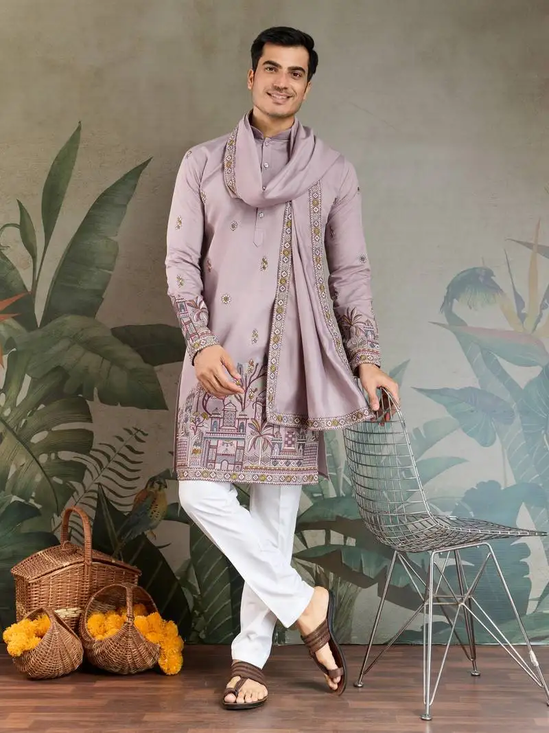 Dusty pink viscose silk threads & sequance embroidered work kurta with dupatta