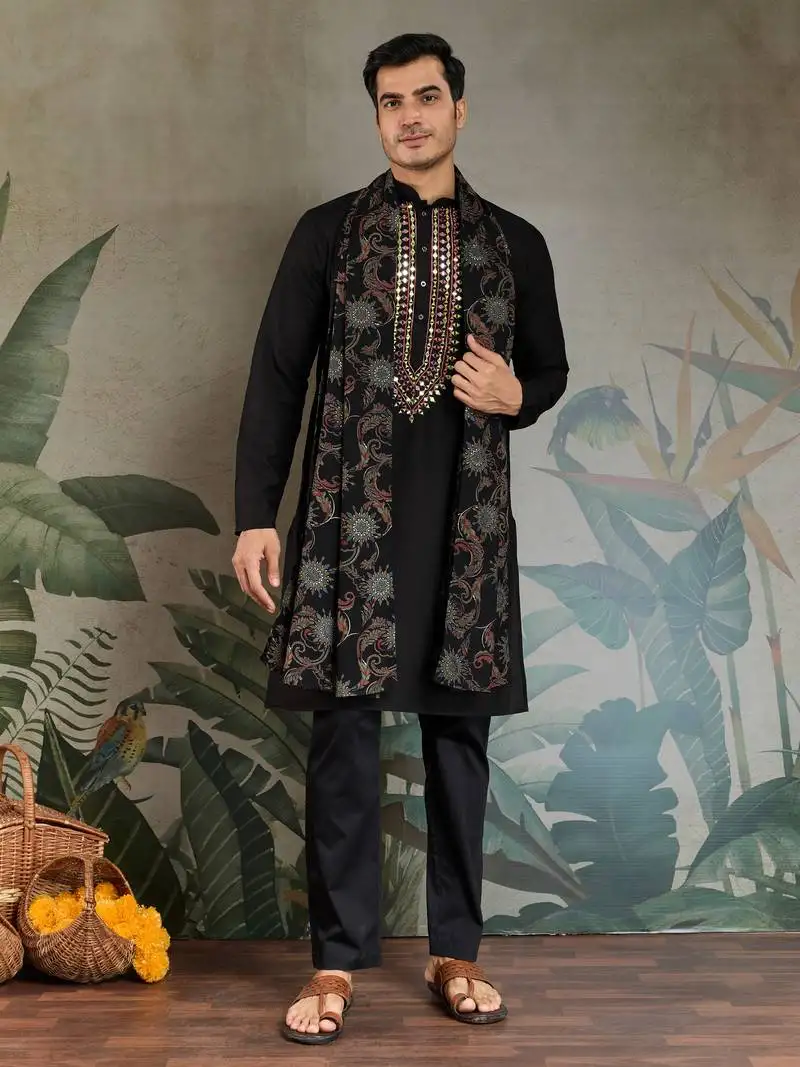 Black viscose rayon threads & sequance embroidered work kurta with dupatta