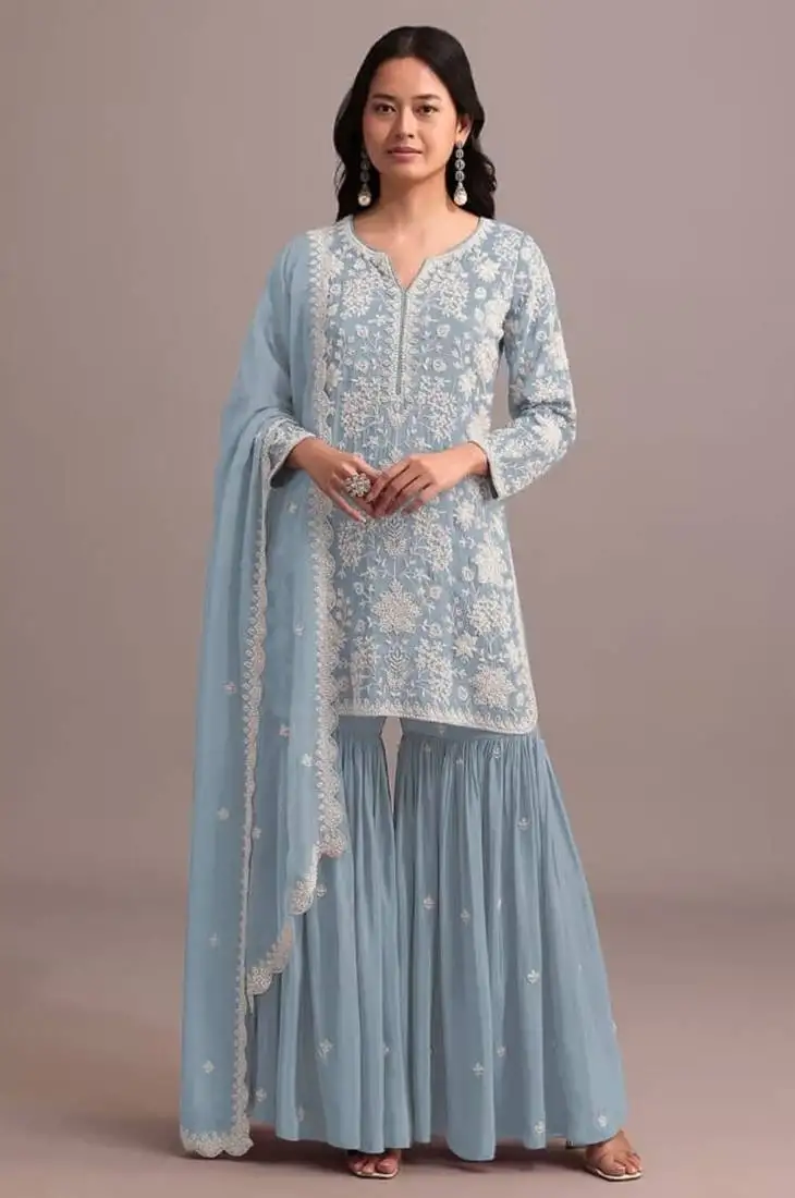 Sky blue georgette semi stitched gharara suits