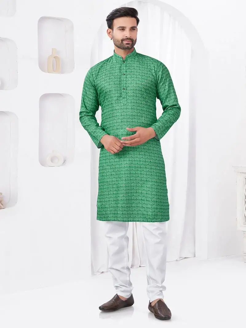 Mint green rayon cotton with digital printed kurta for mens wear