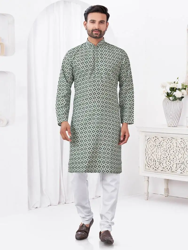Grey rayon cotton with digital printed kurta for mens wear