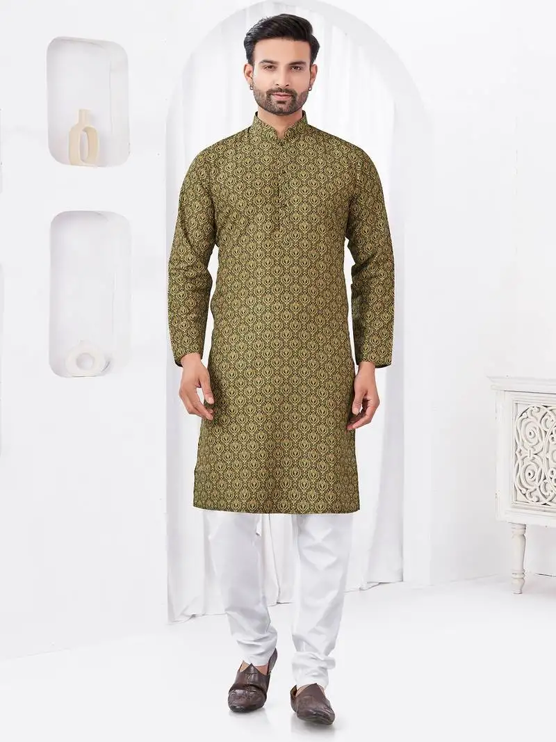 Olive rayon cotton with digital printed kurta for mens wear