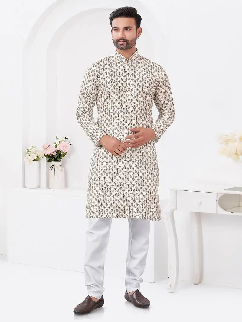 Cream rayon cotton with digital printed kurta for mens wear