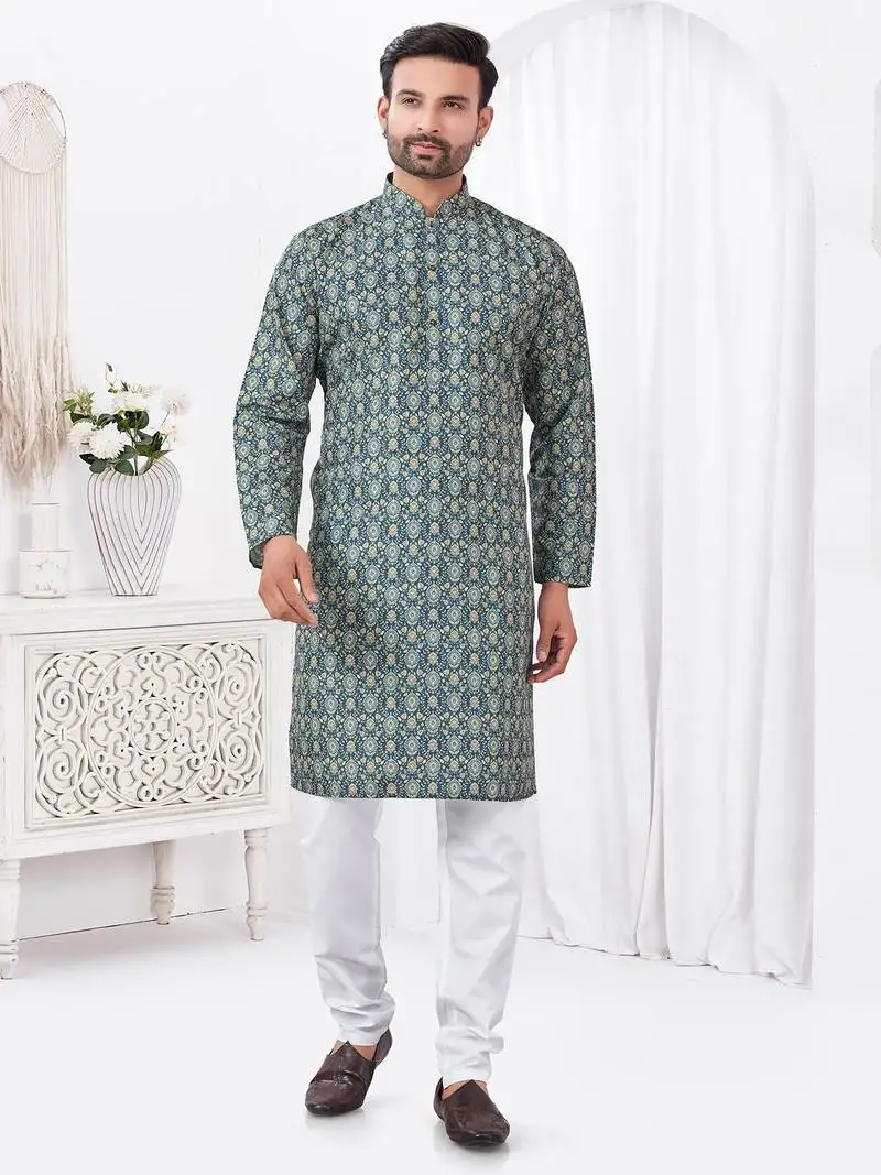 Teal blue rayon cotton with digital printed kurta for mens wear