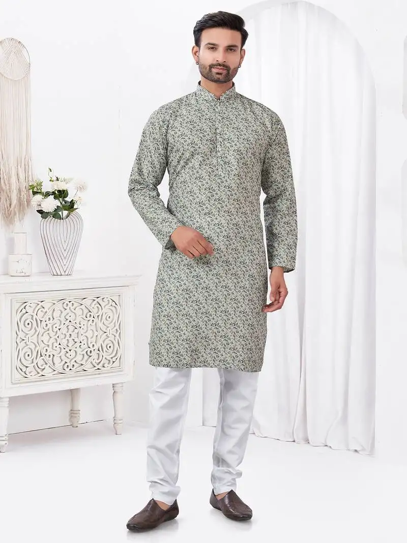 Sage green rayon cotton with digital printed kurta for mens wear