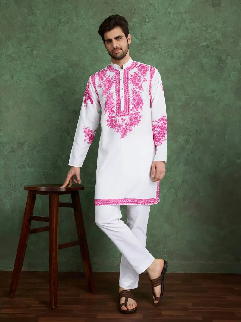 White pink viscose rayon digital printed work kurta