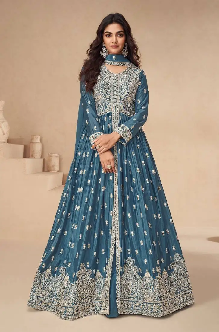 Blue embroidered chinon semi-anarkali suit semi stitched