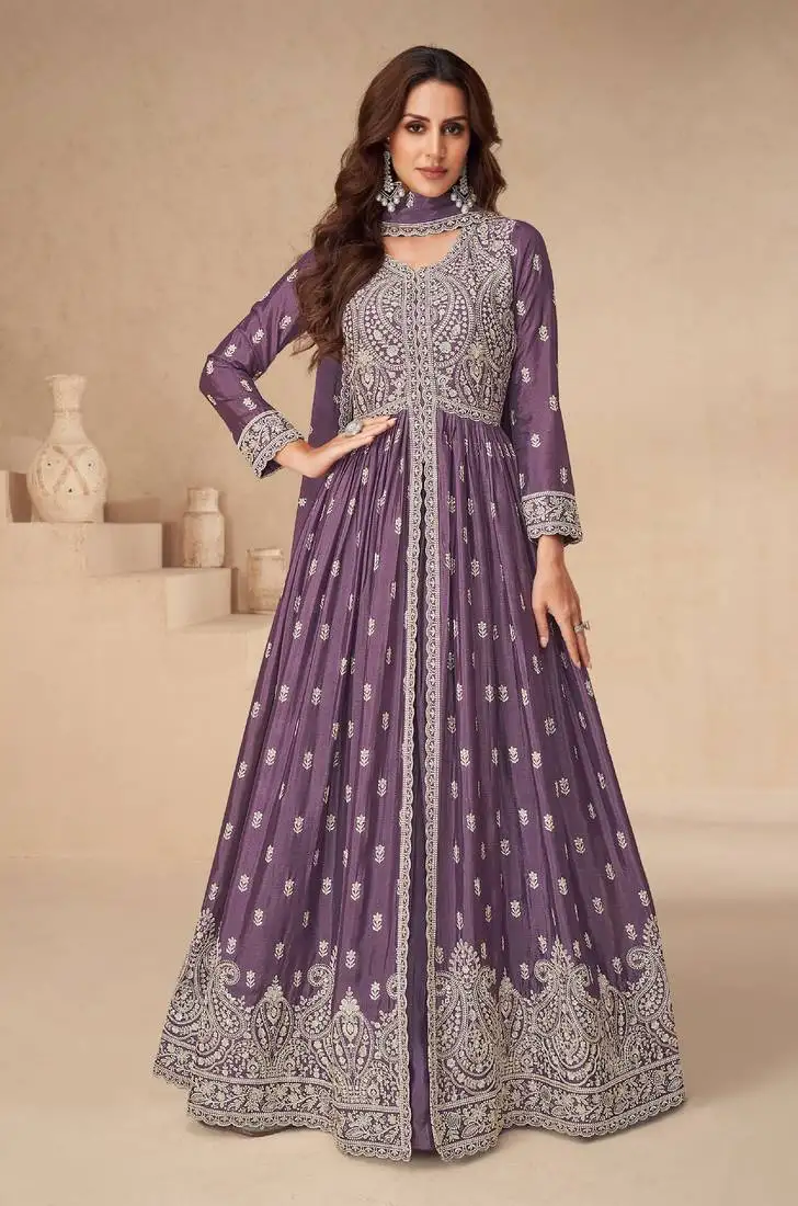 Purple embroidered chinon semi-anarkali suit semi stitched
