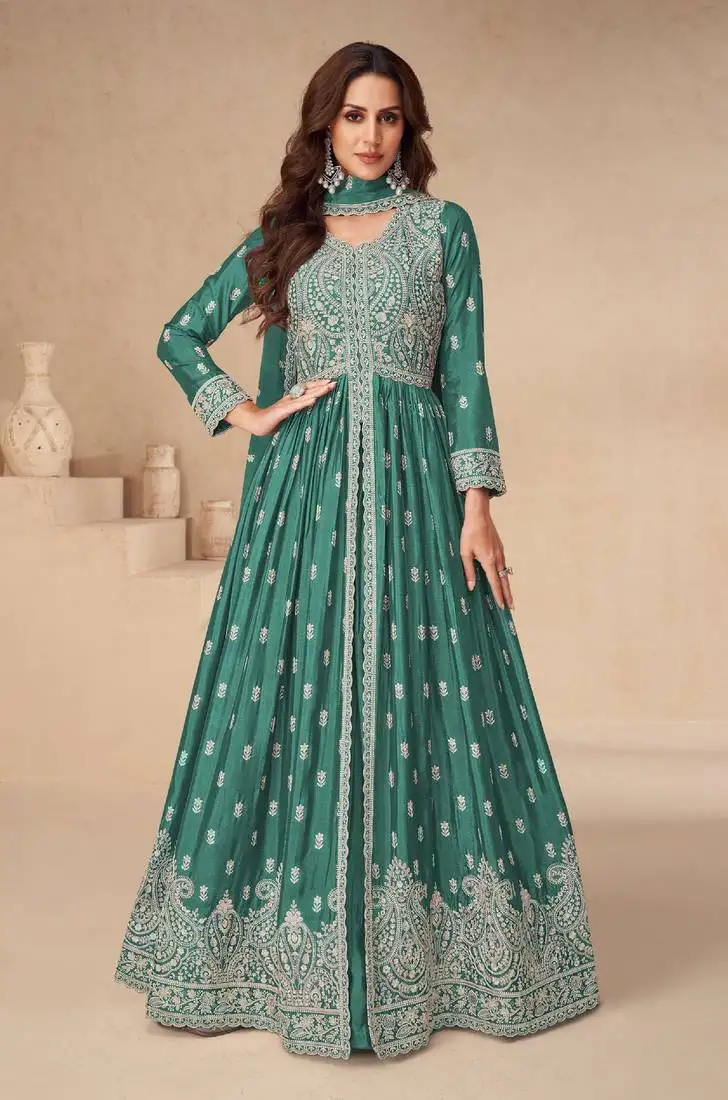 Green embroidered chinon semi-anarkali suit semi stitched