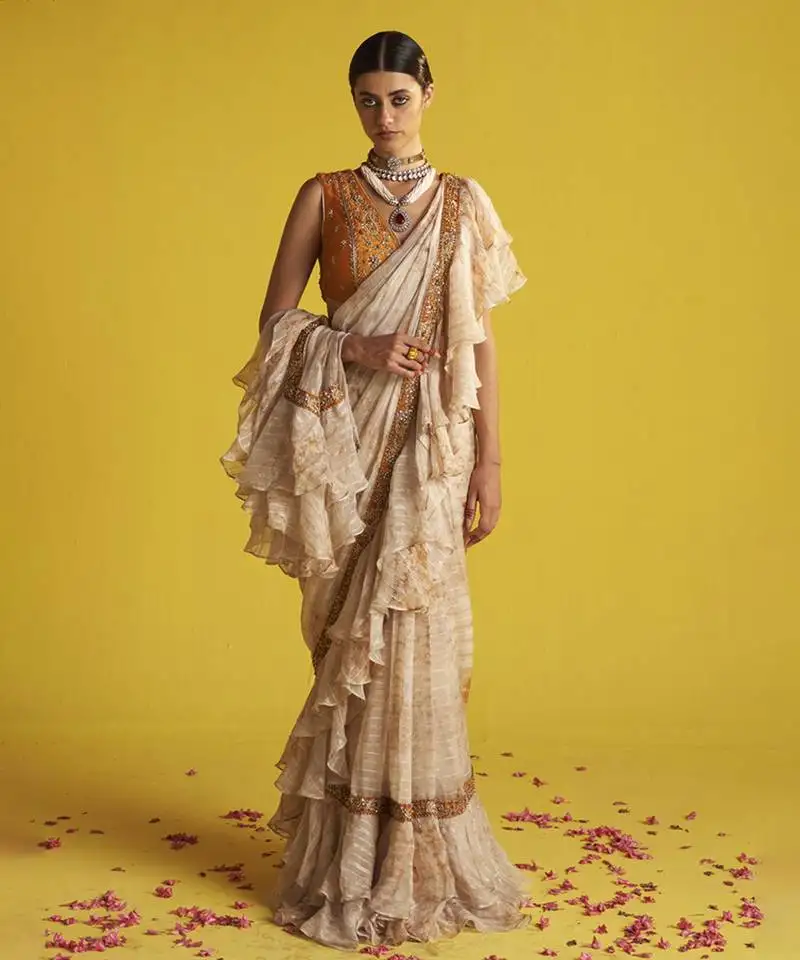 Ivory georgette sequins embroidered saree
