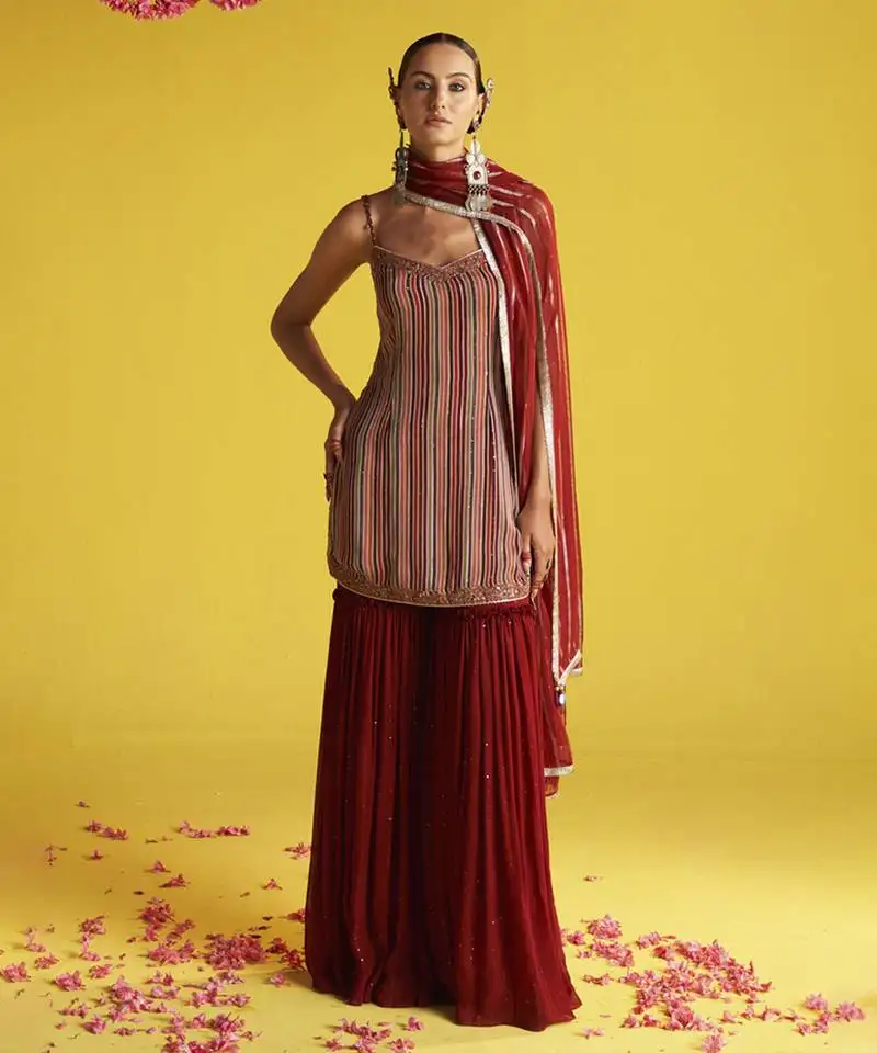 Maroon organza sharara set with gota pati work
