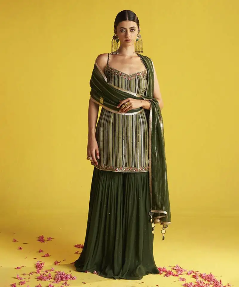 Green organza sharara set with gota pati work