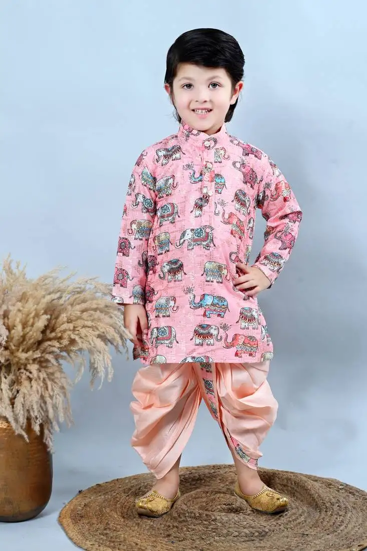 Boys cotton silk crochet animal printed kurta & dhoti set