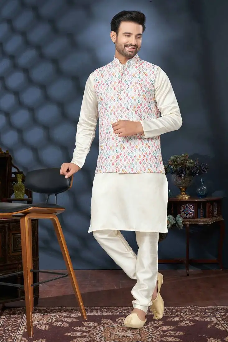 White silk sequins & digital print work textured kurta pajama with jacket for mens