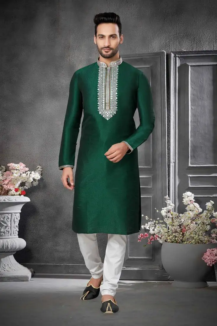 Green art silk embroidery work textured kurta pajama for mens