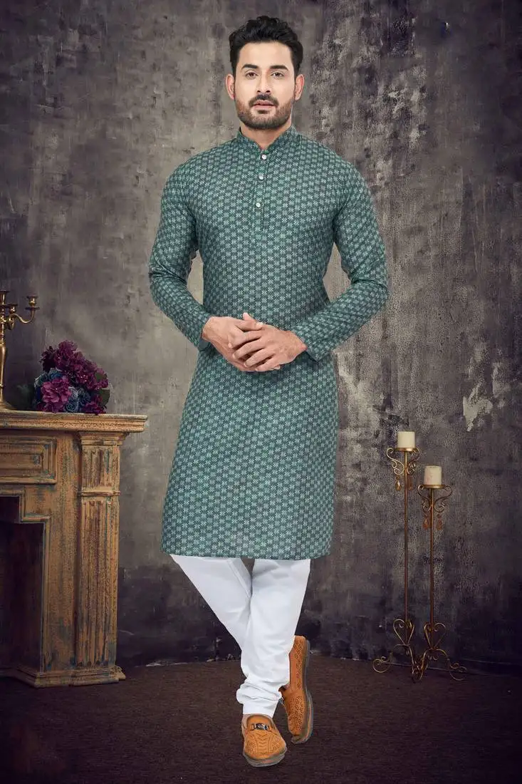 Teal green cotton digital print textured kurta pajama for mens