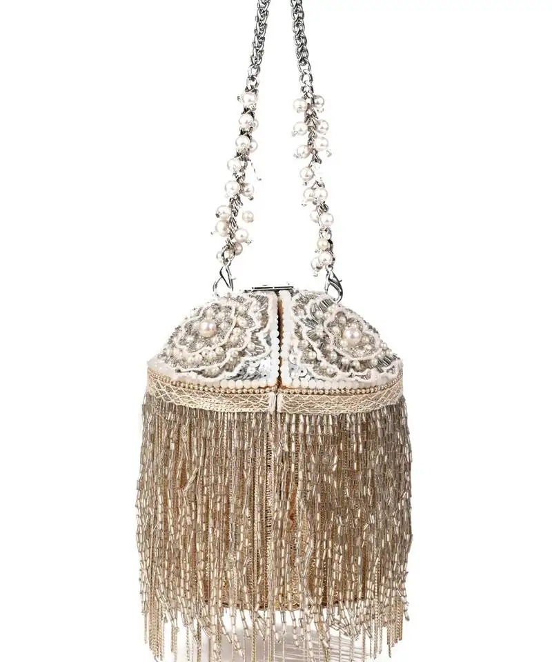 Ella silver georgette handcrafted bucket bag