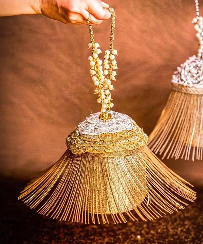 Ella gold georgette handcrafted bucket bag