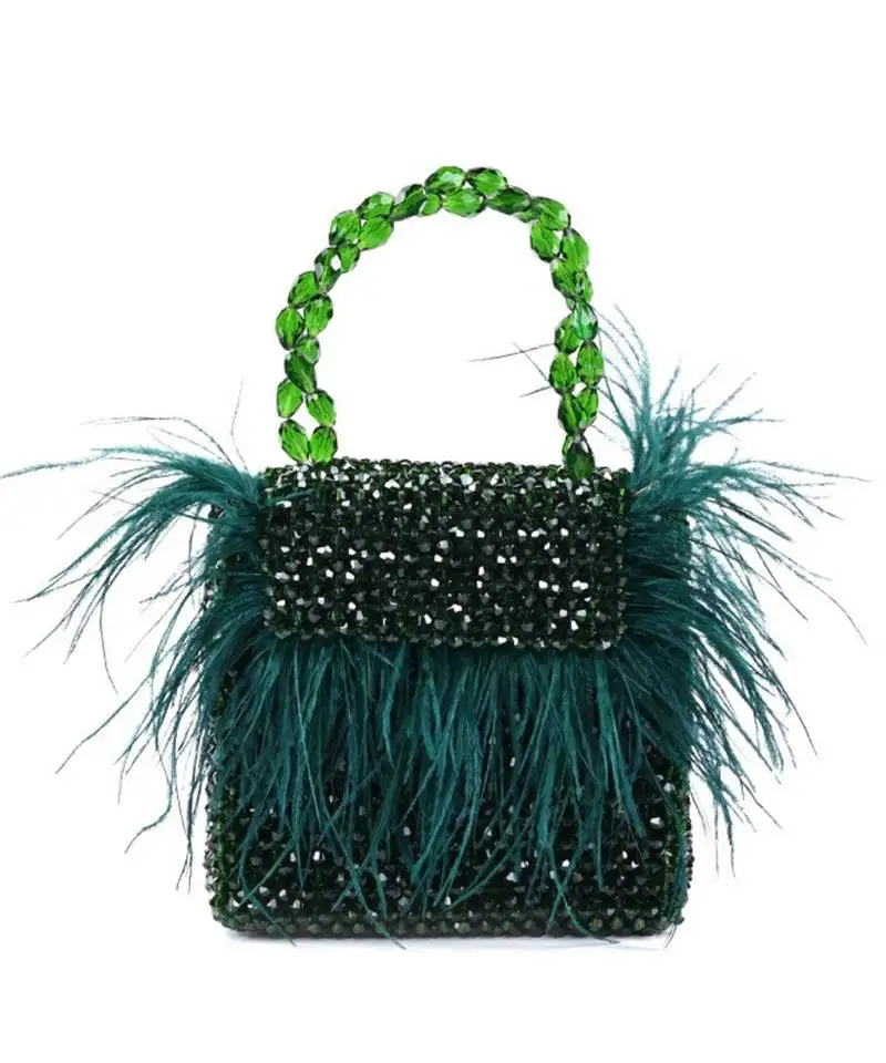 Natali green embellished mini bag with feathers