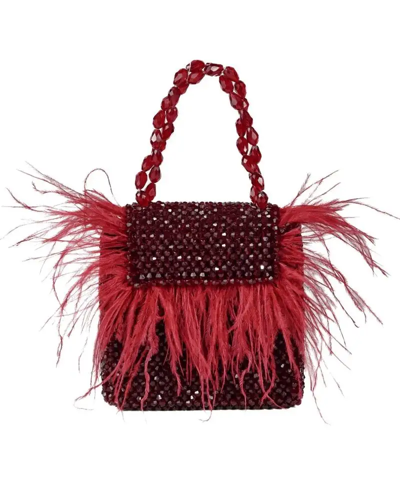 Natali red embellished mini bag with feathers