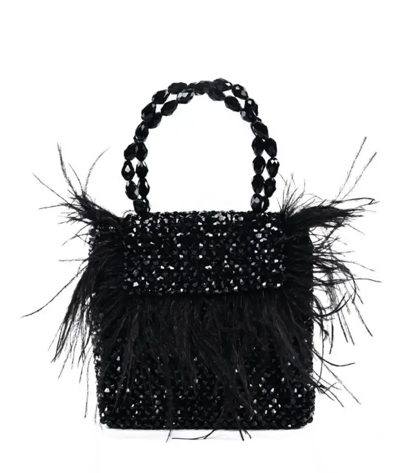Natali black embellished mini bag with feathers