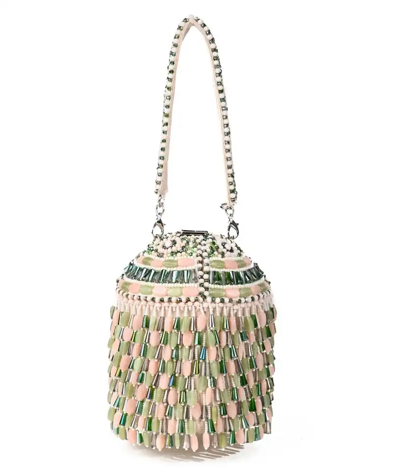 Elly pastel green suede crystal embellished bucket bag