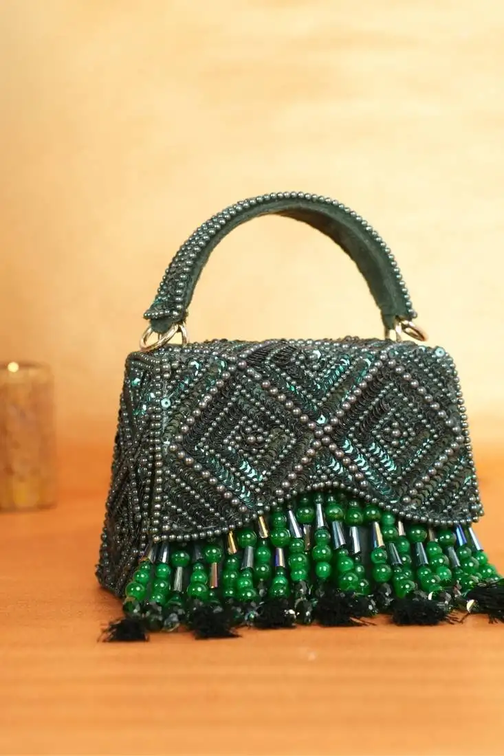 Elara green suede embellished box bag