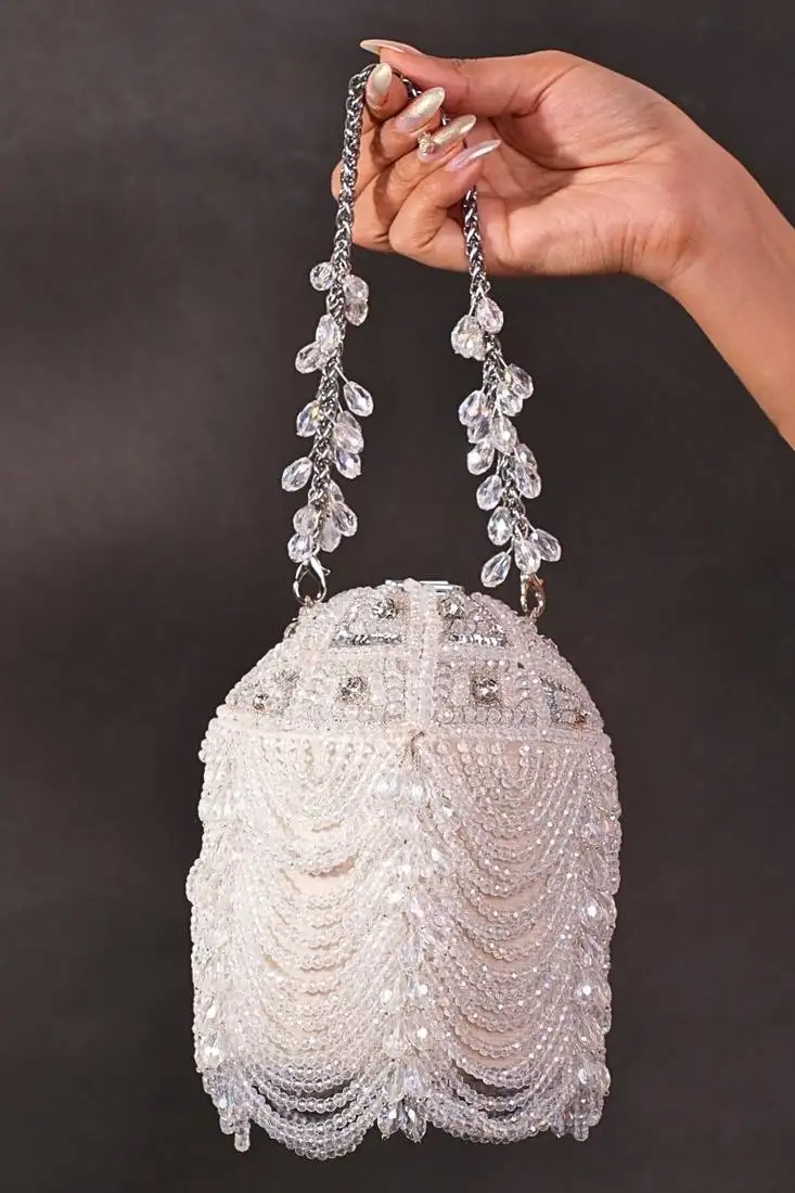 Evara silver georgette embellished bucket bag