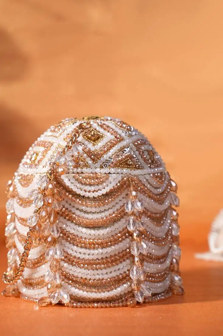 Evara gold georgette embellished bucket bag