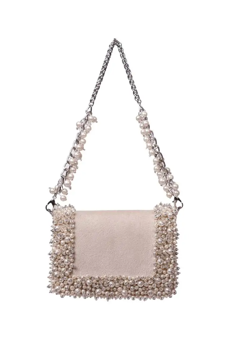 Aliya ivory suede pearl embellished clutch