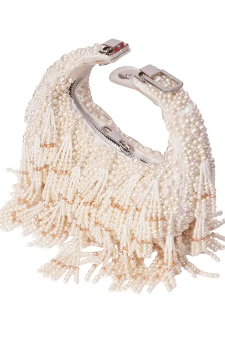 Emma ivory suede pearl embellished hobo bag