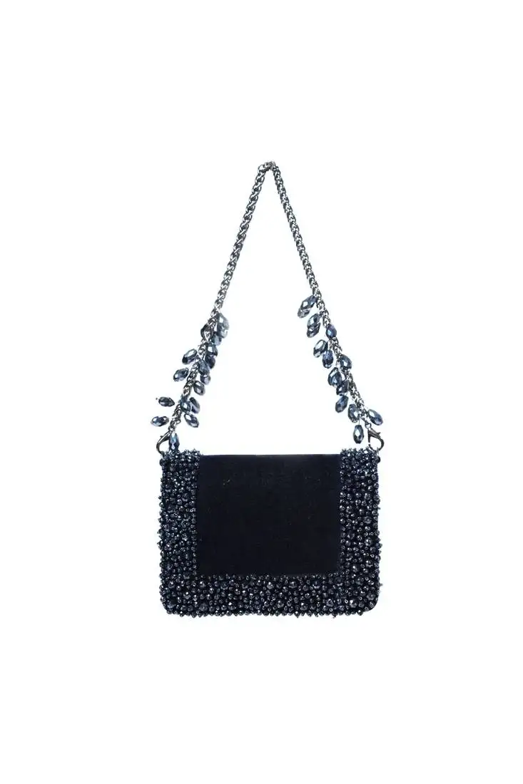 Elana navy blue suede crystal embellished mini bag