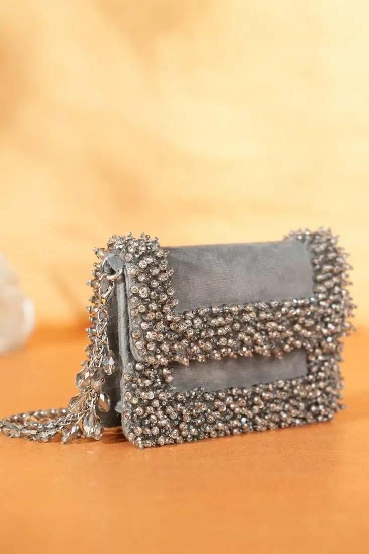 Elana grey suede crystal embellished mini bag