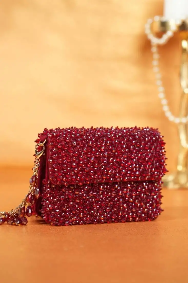 Kiyara maroon suede crystal embellished mini bag