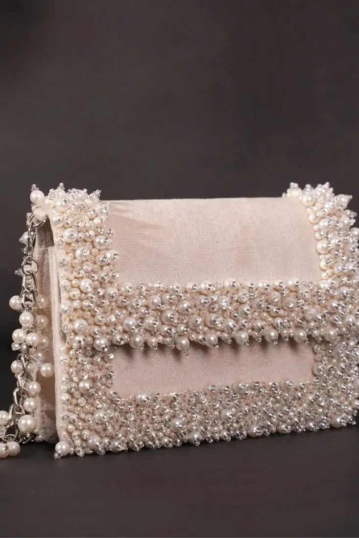 Aliya ivory suede pearl embellished mini bag