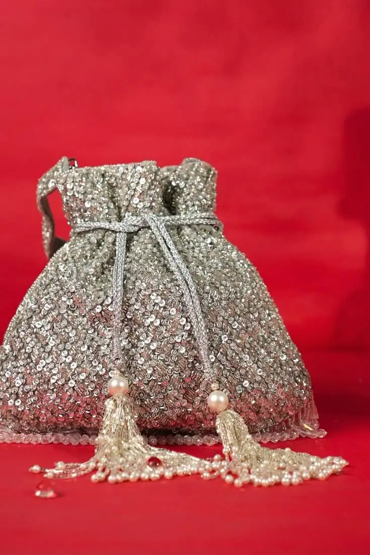 Sitara silver suede sequin embellished potli