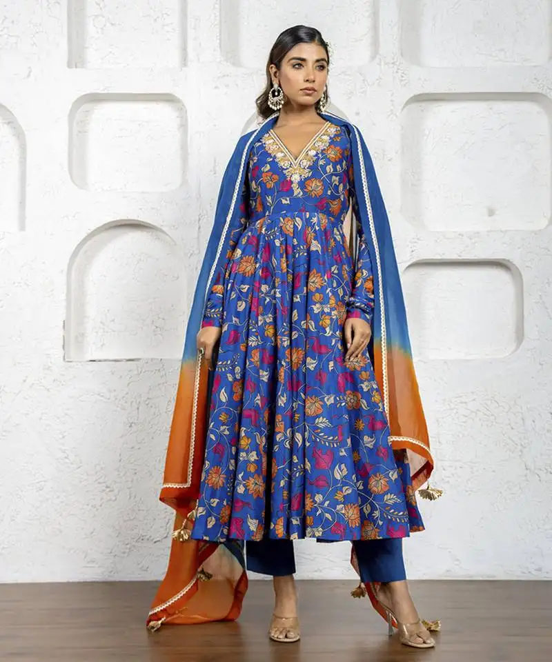 Navy blue kalamkari printed & embroidered anarkali set
