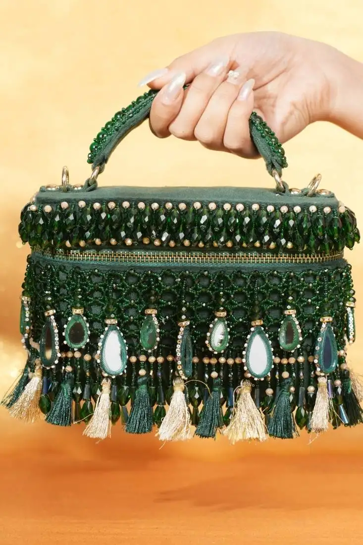 Mirage green mirrorwork embellished vanity bag