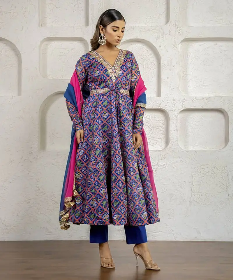 Blue floral printed & embroidered anarkali set