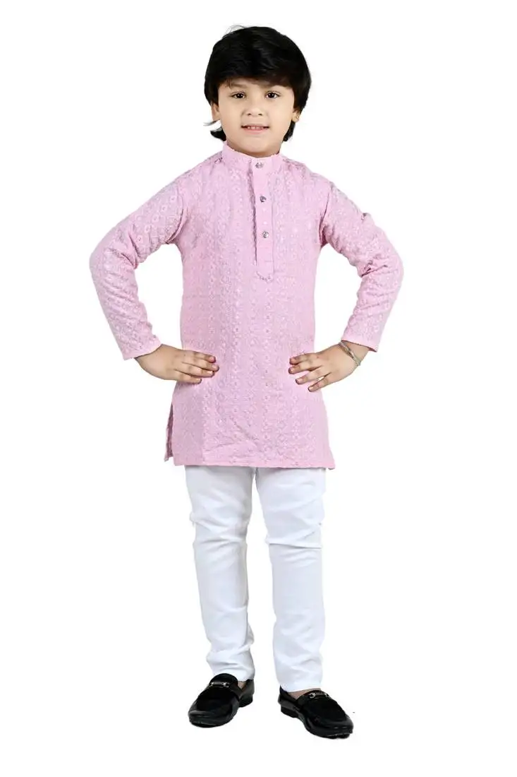 Pink viscose chikankari embroidered sequins kurta and pyjama set