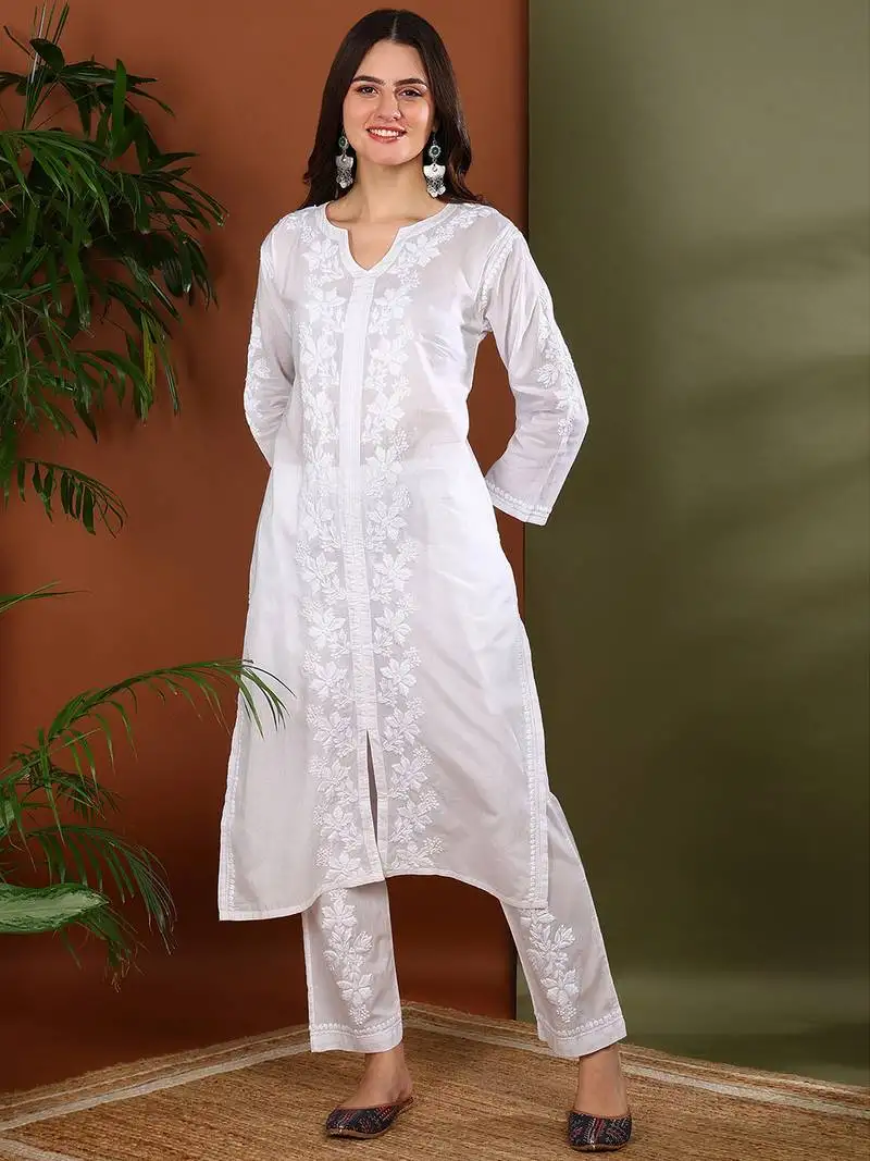 Floral embroidered chikankari straight pure cotton white front slit kurta with palazzos stitched