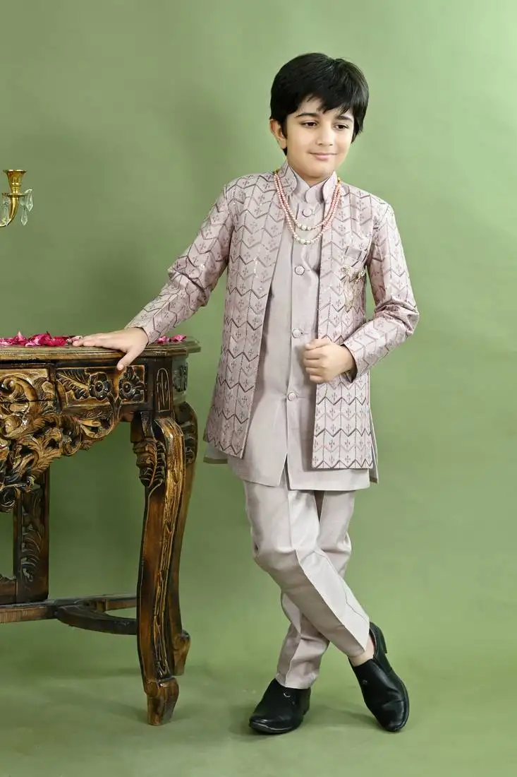 Boys chevron embroidered sequined sherwani with pant & necklace set - lilac